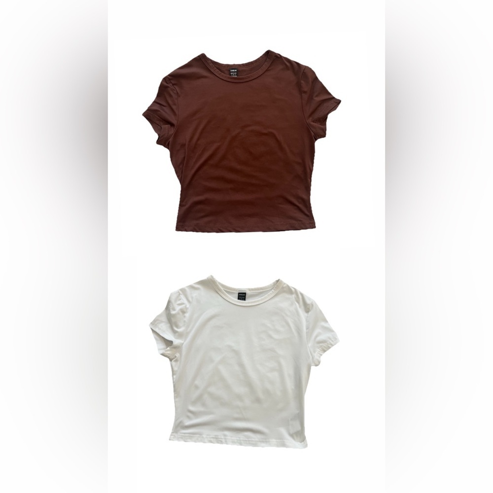 2ct SHEIN White Ribbed Knit Crop Top Tee Short Sleeve Women's Small (0696)‎